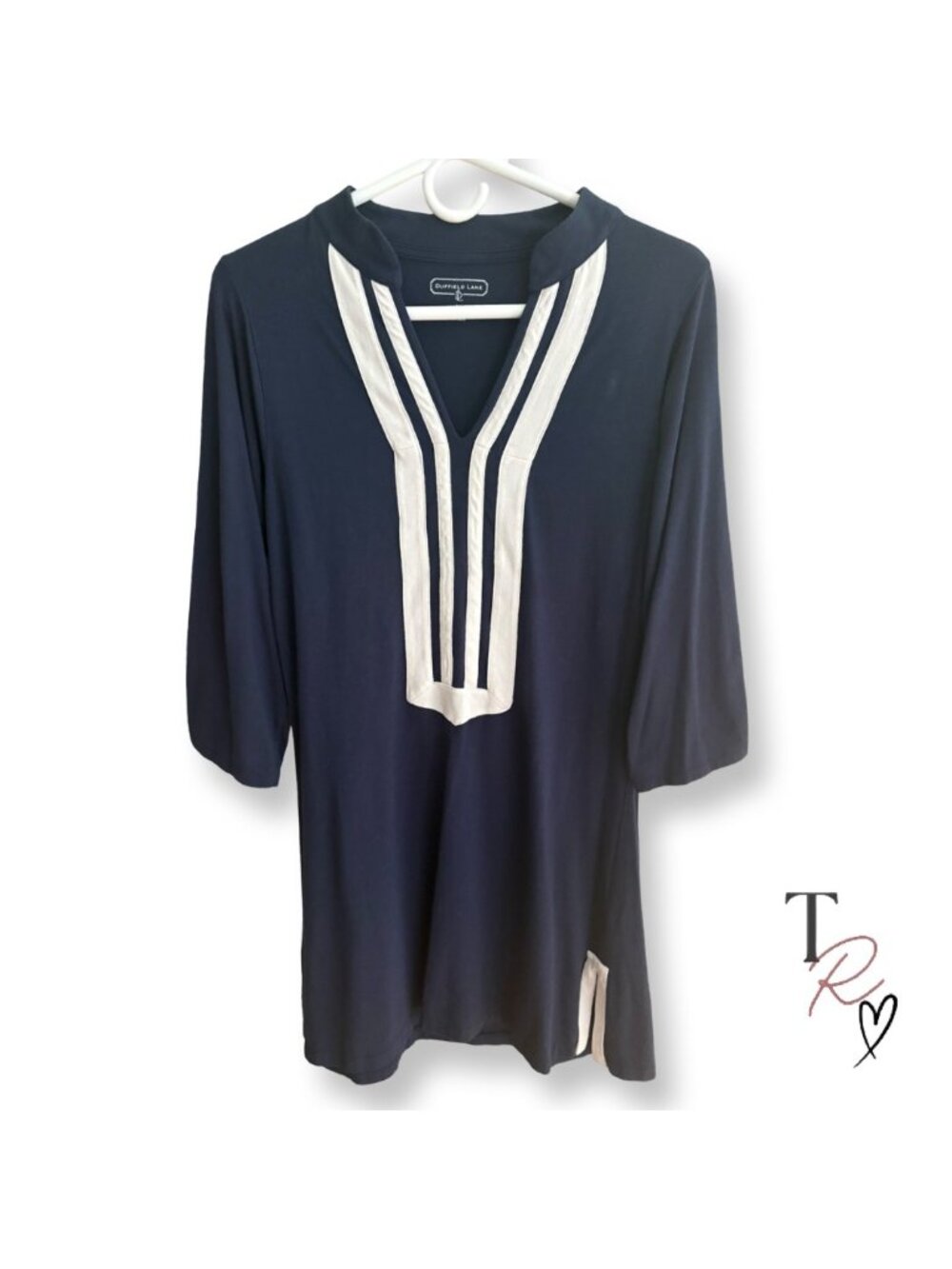 Duffield Lane Navy Tunic Dress Size Large White Trim 3/4 Sleeve Preppy Stretch - Picture 2 of 11